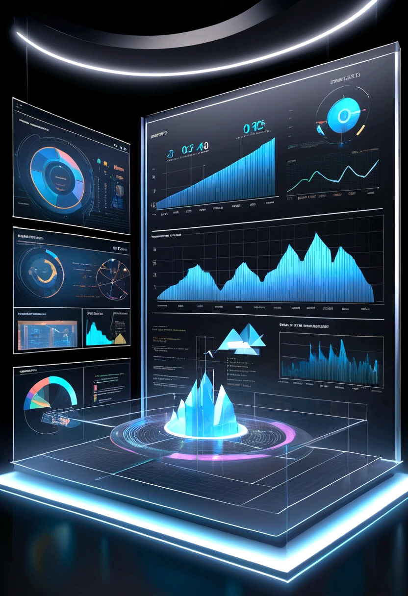 holographic displays, showing innovative business solutions, graphs, and growth metrics