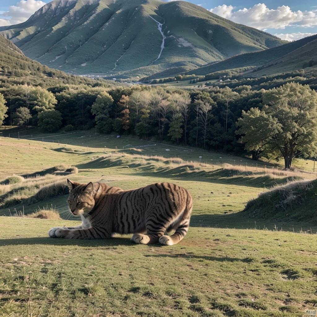 Draw a huge cat in military uniform against the backdrop of a beautiful landscape