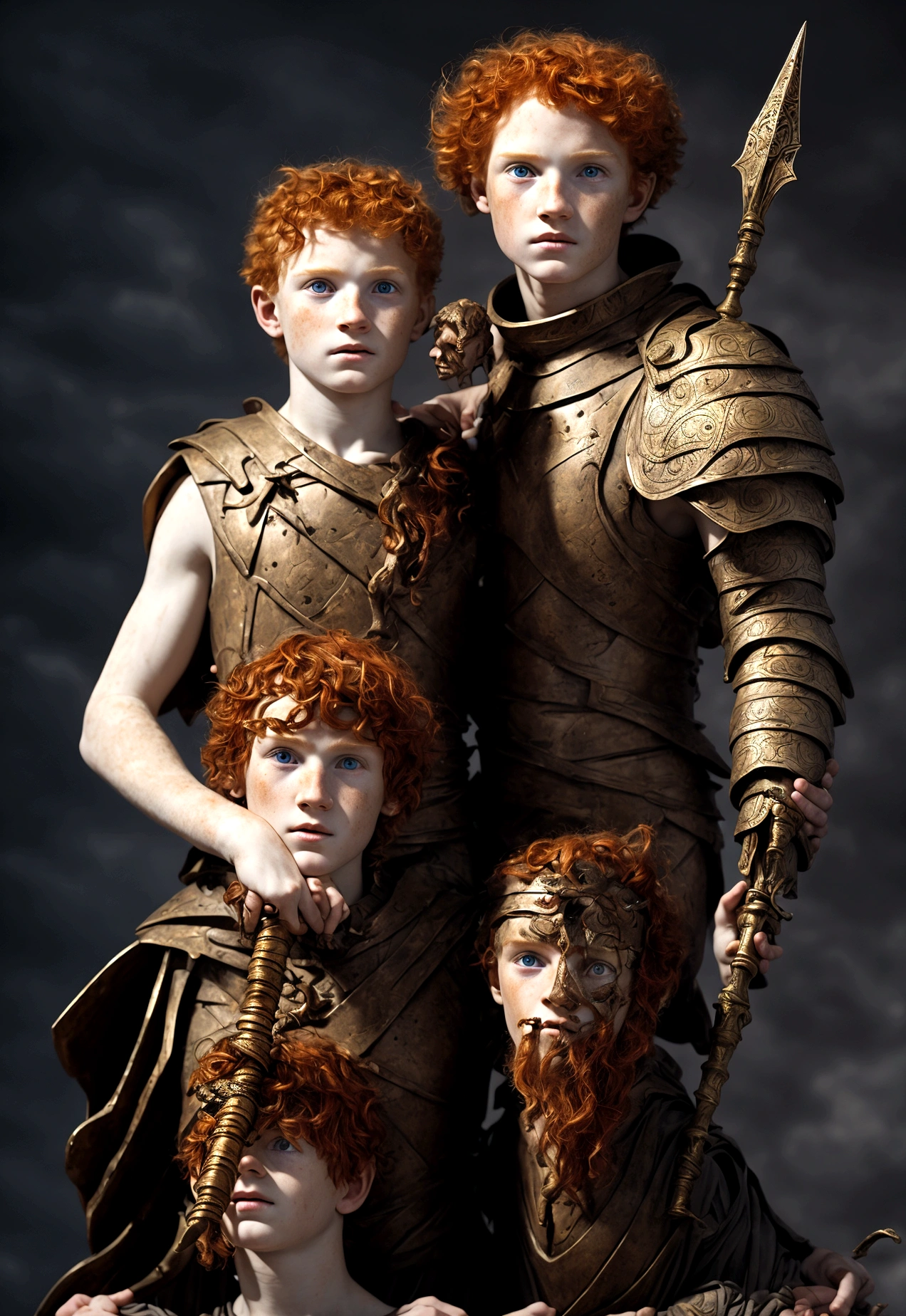 Biblical retelling of David, a 13-year-old red-haired boy holding the severed head of the giant Goliath, fund (futurist, lights)