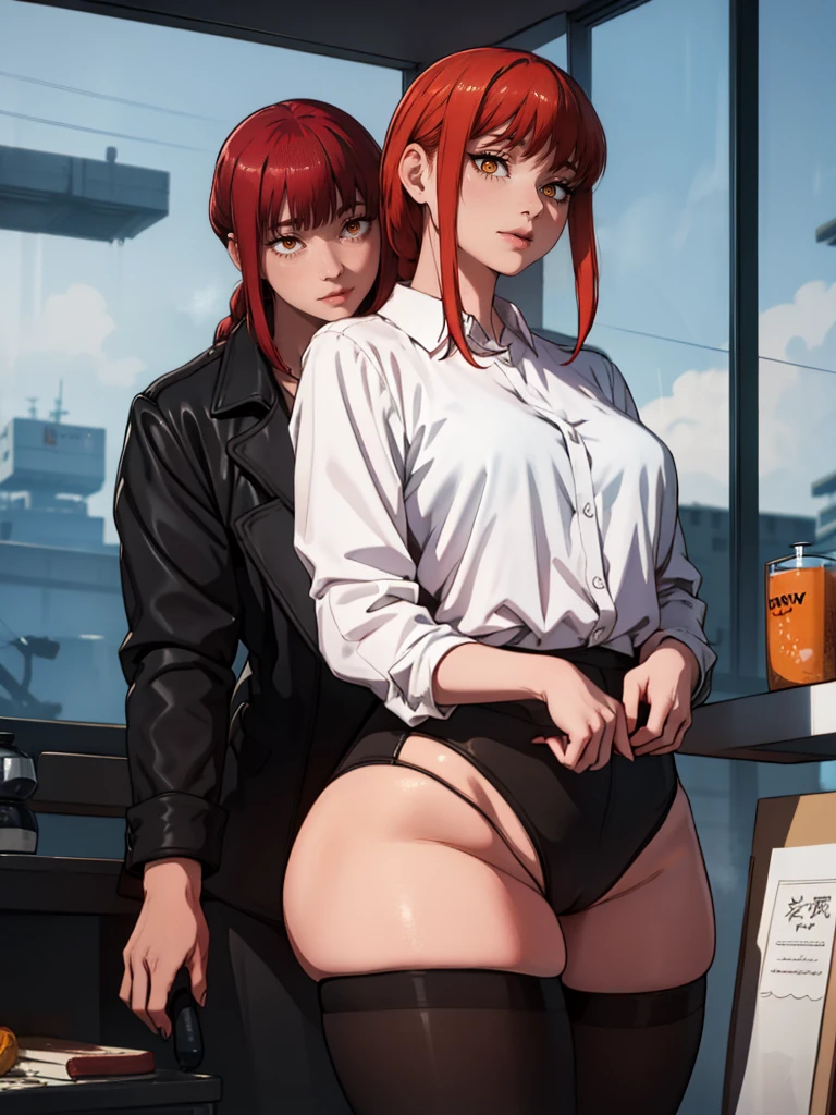 Le personnage Makima de la série animée Chainsaw Man, fragile, obésité morbide, ssbbw, pleine longueur (corps entier 1.1.), fond sombre, obscurité, anatomie correcte 1.1, anatomie correcte de la main, Très féminin, corps gras et rond, grosses Jambes, fesses, beau corps obèse, ventre rond et mou très gras, cheveux roux, Yeux oranges, Cercles rouges pour les écoliers, chemise blanche, jupe noire, cravate noire, pose sexy, réaliste, very détaillé, beau corps, détaillé body, détaillé hands, détaillé, vibrant, détaillé Face, Conception des personnages de Makima. very détaillé, détaillé body, détaillé hands, détaillé Face, Art animé, Hugh Détails, Visage très abattu, détaillé eyes, Illustration ultra fine, Meilleure ombre, détail fin, beautiful détaillé glow, beautiful détaillé, Extraordinairement beau, extremely détaillé, inexpressif, composition épique, Style animé. art animé, Style animé. Jupe noire, chemise blanche, cravatte, pose sexy. Double menton, visage très gras, grosses joues, joues potelées