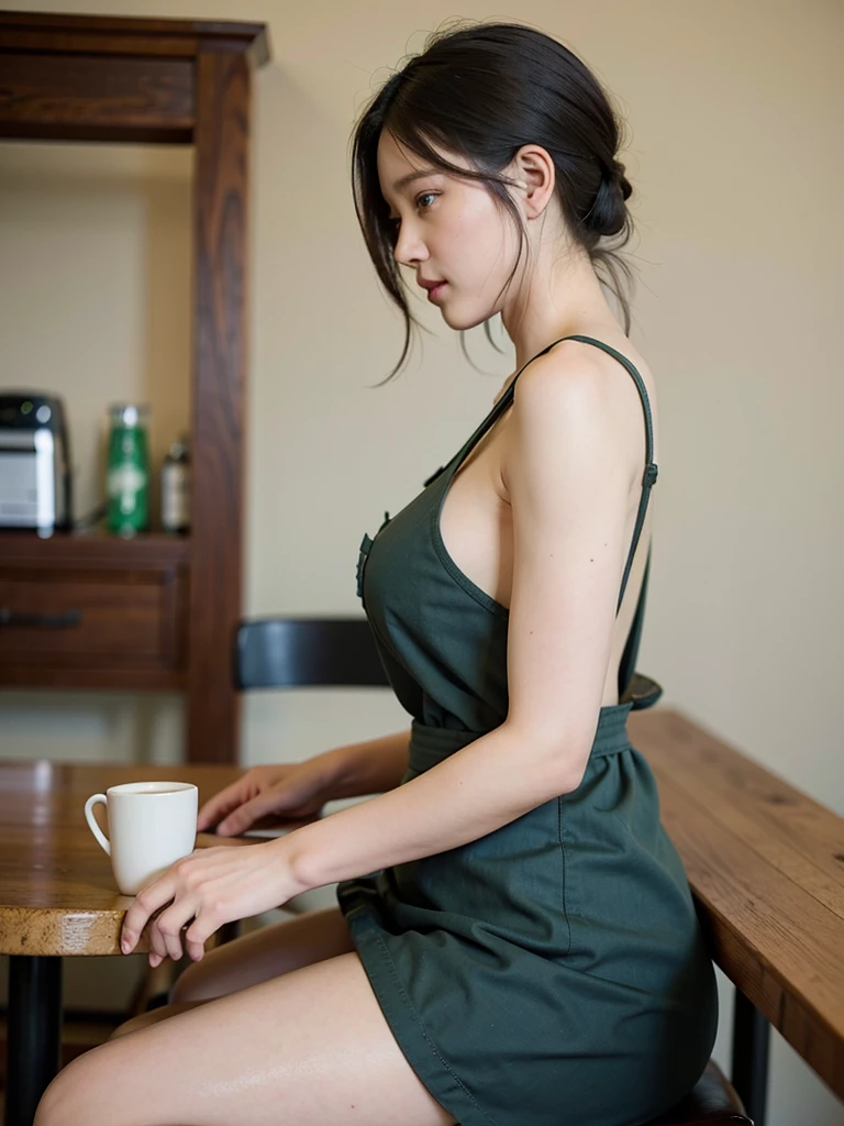 Cool beauty,Looks sweet,(french twist hairstyle), only wearing dark green starbucks apron, off-shoulders, show clavage, (show big thigh, plump body), huge breast, full body photo, sitting pose. Side view. nd. In coffee shop. Naked