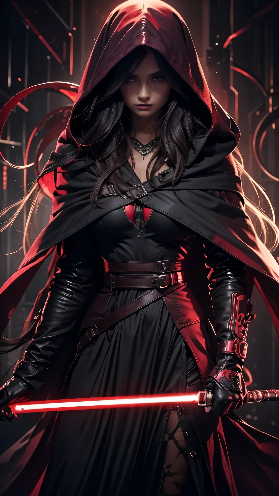 2 beautiful detailed woman with long dark hair wearing a black hooded robe, dramatic lighting,glowing red lightsaber,(2 girls,masterpiece:1.2),ultra-detailed,photorealistic,sci-fi,dramatic cinematic lighting,moody atmosphere,dark fantasy,high contrast,muted color palette