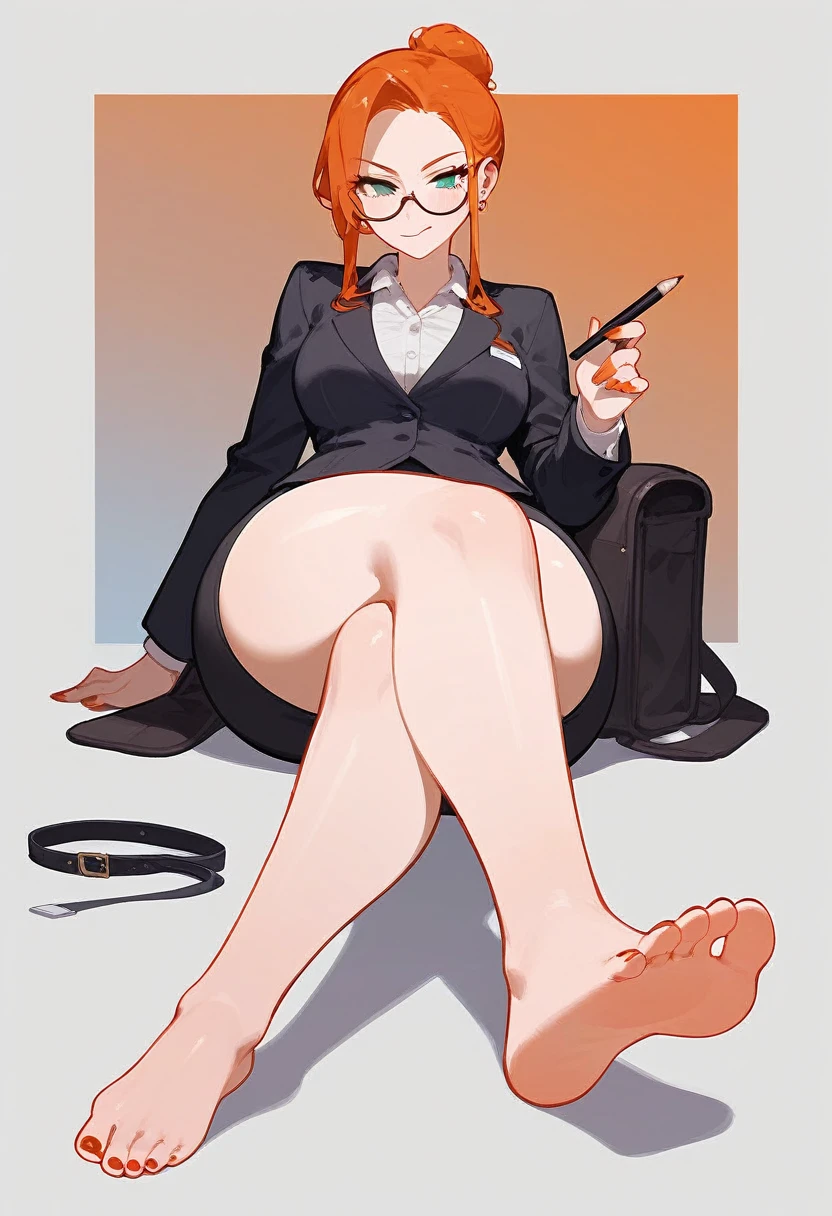 pale woman, ginger hair in a bun, glasses, tight black blazer, black pencil skirt, barefoot, small feet, 5 toes on each foot, nail polish, thick thighs, large thighs, wide hips, strict teacher, full body shown including feet, toes in someone’s mouth, femdom, dominant