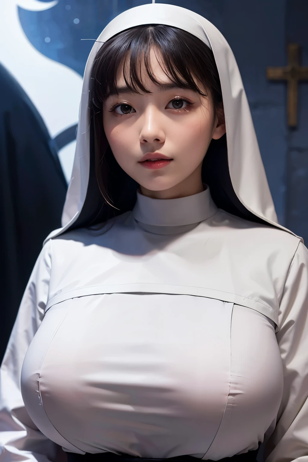 (Highest quality, 8K, 32k, masterpiece, Ultra-high resolution:1.2), Cute Japanese Girl, (Huge breasts:1.2), Long black hair, bangs,
(((Nuns))), (night、church),Upper body close-up、