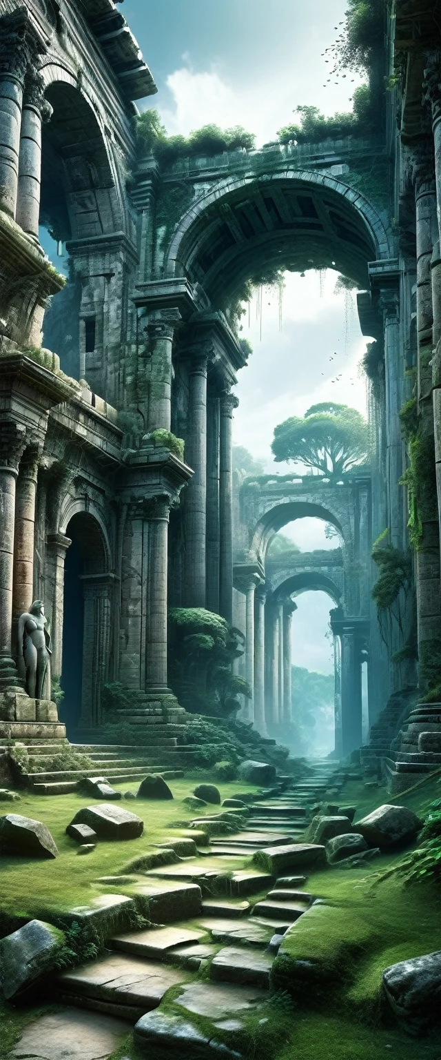 Cybernetic organisms merge with ancient ruins, bridging the gap between past and future civilizations. Photorealistic