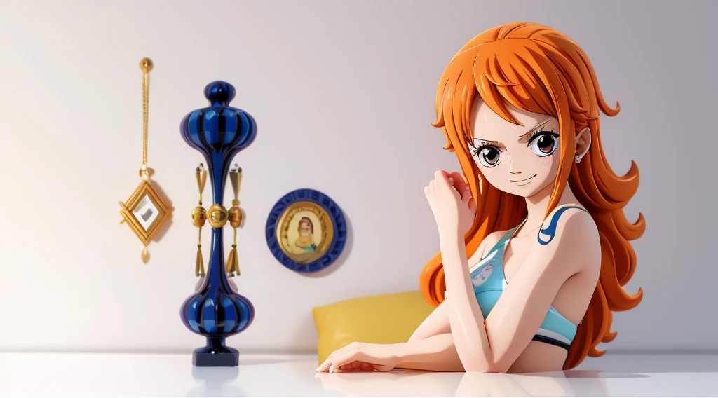 ((Best Quality)), ((Masterpiece)), (((detailed character sheet, frontal view, side view, three quarter view))) white background、one piece、whole body、whole bodyイラスト、whole bodyアニメーション、whole bodyリファレンスシート、denim、Tank top、High heels、Swimwear、bikini、original、New World、Long Hair、Orange Hair、Tattoo on left arm、Ring belt、Heighten your head、smile、Cute face、Narrow waist、Long legs、Beautiful feet、9 heads body、beautiful lady