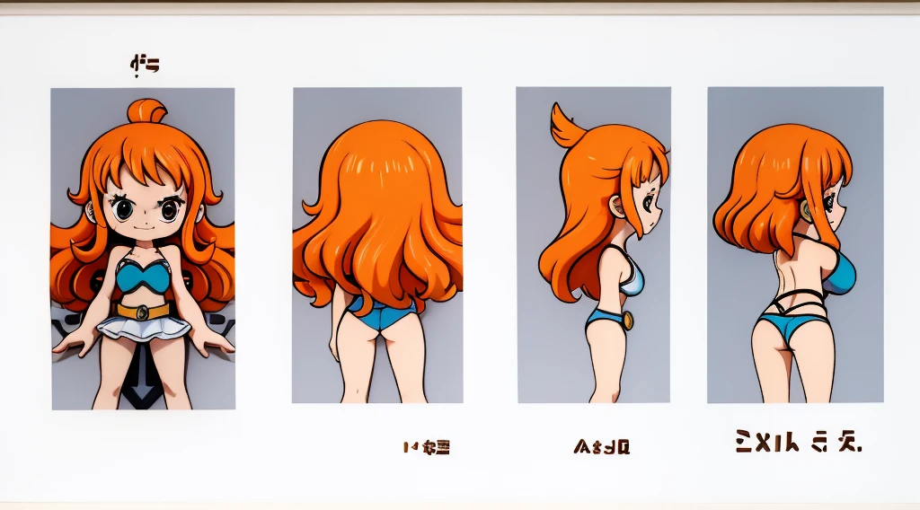((Best Quality)), ((Masterpiece)), (((detailed character sheet, frontal view, side view, three quarter view))) white background、one piece、whole body、whole bodyイラスト、whole bodyアニメーション、whole bodyリファレンスシート、denim、Tank top、High heels、Swimwear、bikini、original、New World、Long Hair、Orange Hair、Tattoo on left arm、Ring belt、Heighten your head、smile、Cute face、Narrow waist、Long legs、Beautiful feet、9 heads body、beautiful lady