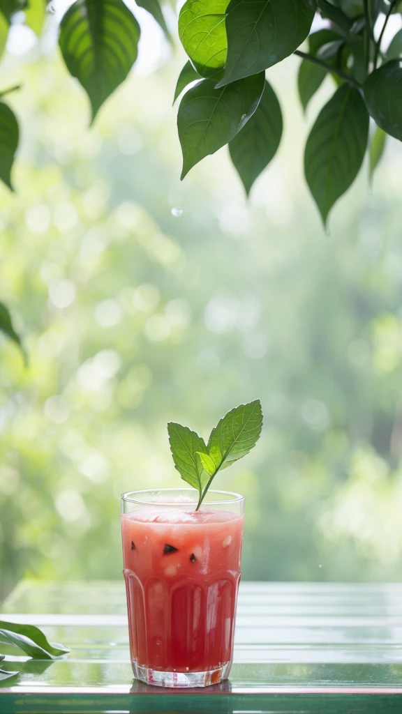 Artistic atmosphere,Art Photography,elegant,A glass of watermelon juice on the table,Very tempting,Green Leaf,dew,Water Drop,HD Photography,The background is a wall,Solid color background,Clean background,Background blur,Artistic sense,Depth of Field,Ultra-clear,Close Range
