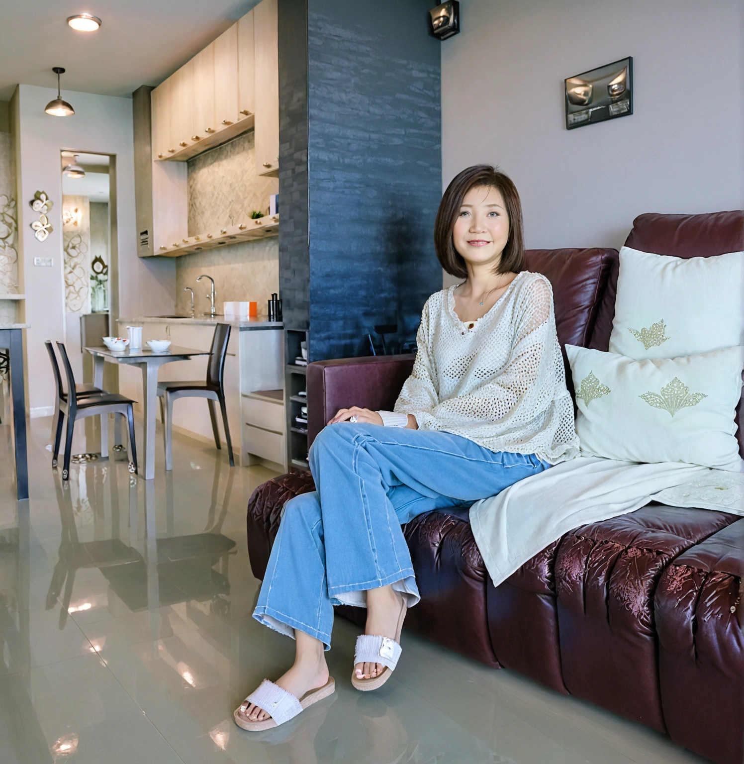 Beautiful Korean Woman , 32 inch chest size, Your eyes are big and pretty. Wearing a high-end luxury brand cardigan, Casual jeans, short medium hair, Smile. sit on the sofa , uhd
