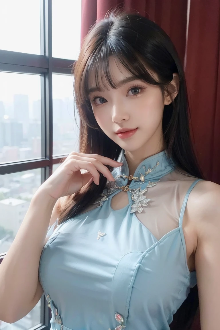 ((masterpiece、best quality))、shape、super detailed、8k、actual、sharp focus、Very detailed、professional lighting、spotlight、Colorful details、Detailed texture，A stunningly beautiful girl，Wearing a transparent cheongsam，(most suitable hairstyle:1.4)、(in the most helpful way:1.3)、(Half-length photo:1.4)、big breasts、perfect style、Body、18 years old、Smile、