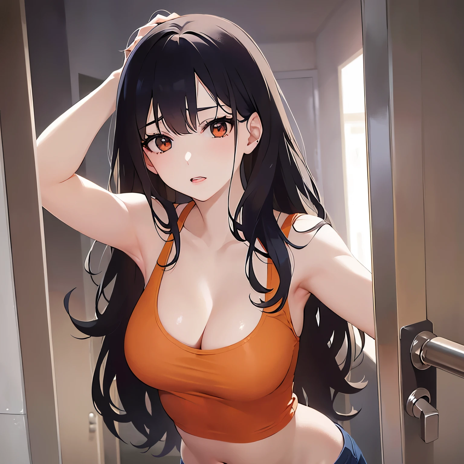 (looking to the side:1.5),leaning forward 、Shooting from the front、upper body,Realistic, real person, (pale skin: 1.2), RAW photo, photorealistic, shiny skin, shiny hair、 (A 25-year-old woman with medium-length hair and bangs) and (wavy hair) and (brown hair) and (Orange Eyes), look stupefied、The background is the washroom,（yellow tank top）、opening the door