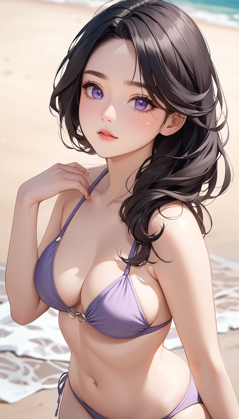 masterpiece, High resolution, perfect face, Korean beauty, 30 years old, beautiful face, beach, light purple bikini, embarrassed look, look at the camera, (top quality eyes), detailed texture, look at me, Married woman, cool women, (high resolution eyes), black hair, little curvy, tits job
