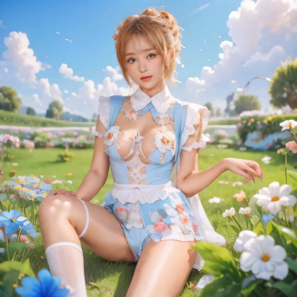 girl,Open your thighs:2,Sea of blue flowers,Blue sky,blue eyes,Leg socks