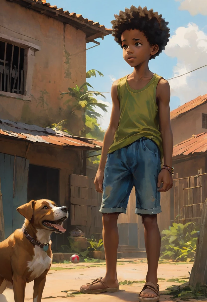 A poor Afro-Brazilian boy in a typical Brazilian house drawn by Todd McFarlane and Greg Capullo, he is wearing old and torn clothes, he is playing with a soccer ball and playing with his dog, a backyard of a typical Brazilian house in the background, brown dog typical of Brazil, the dog tries to bite the soccer ball, a soccer ball at the boy&#39;s feet, Robert Downey Jr Reference.., engine unreal, octane rendering, por Jacob Lawrence e Francis picabia, perfect composition, beautiful detailed intricate insanely detailed octane rendering trending on artstation, 8k art photography, photorrealistic concept art, soft natural volumetric cinematic perfect light, Bright dark, rewarded photography, artwork, oil on canvas, rafael, caravaggio, Greg Rutkowski, beetle, Beksinski, giger, beautiful perfect face with perfect face, with two large central incisors and visible gums, the detail, highy detailed, photo realist