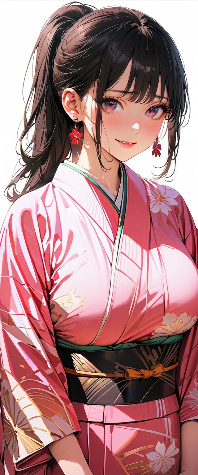 20 years old,1 mature woman,hyperrealistic, 8k, (extremely detailed 8k), (very delicate and beautiful), (masterpiece), (better quality:1.0), (ultra high resolution:1.0), (masterpiece, best quality),cute,black hair,ponytail,cowboy shot,white background,realistic skin,kimono,model posing,big breasts,nervous smile,Japanese-style earrings
