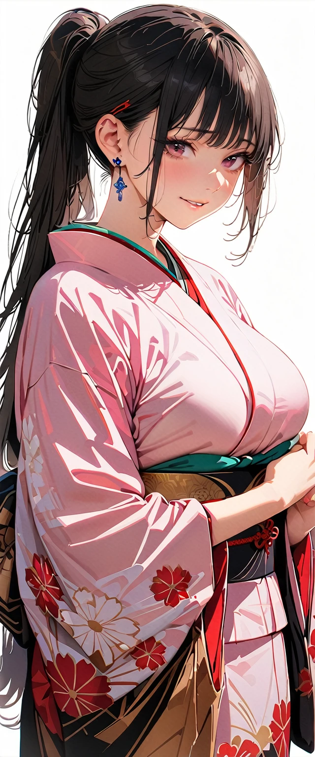 20 years old,1 mature woman,hyperrealistic, 8k, (extremely detailed 8k), (very delicate and beautiful), (masterpiece), (better quality:1.0), (ultra high resolution:1.0), (masterpiece, best quality),cute,black hair,ponytail,cowboy shot,white background,realistic skin,kimono,model posing,big breasts,nervous smile,Japanese-style earrings