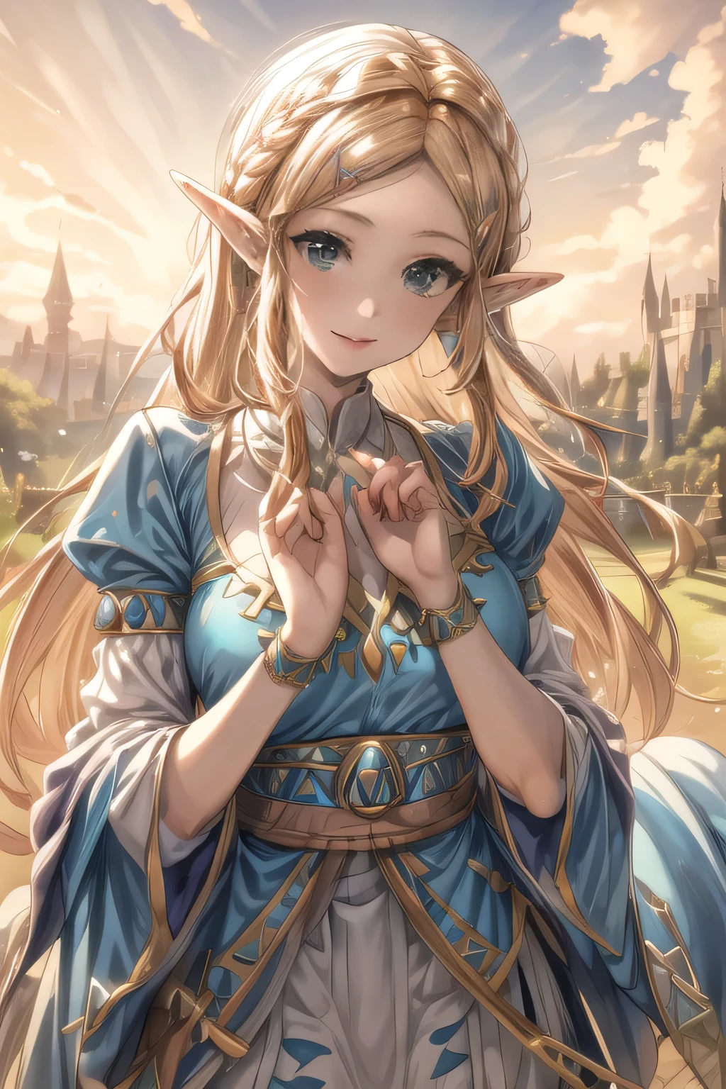 The Legend of Zelda, Princess Zelda, heroine, the princess of the fictional kingdom of Hyrule who is endowed with holy power, the reincarnation of the goddess Hylia, the symbol of world peace, sealed by her own will., castle, garden, crown-braid, mischievous smile, extremely detailed facial features, beautiful delicate(eyes, longeyelash,lips), (highest quality,16k,highres,masterpiece:1.2), vibrant colors illustration