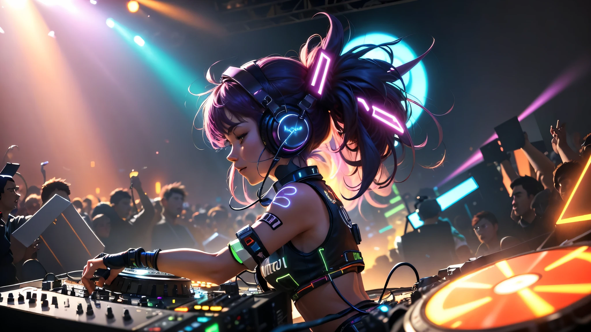 (masterpiece:1.3),(best quality:1.2),8k,absurdres,unity 8k wallpapper,(extremely detailed:1.3),highestres,realistic, blurry background, blurry foreground,
(1girl:1.2),(headphones:1.1),(neon light:1.1),mechanical headwear,(mechanical wings:1.1),frown,(dynamic pose:1.1),(floating hair:1.2),(DJ:1.2),(psychedelic:1.2),dynamic pose,(electric wire:1.1),(light beam:1.2),half closed eyes,midriff,dim,(music:1.2),cable,god rays,(indoors:1.2),from side,(instrument:0.7),frenzied,passionate,energetic,intense,electrifying,exhilarating,dynamic,thrilling,explosive,rousing,(crowd:1.2),light rays,,neonlight,electric fan, (electricity:1.2), (electronic music:1.1),(sound mixing:1.3),