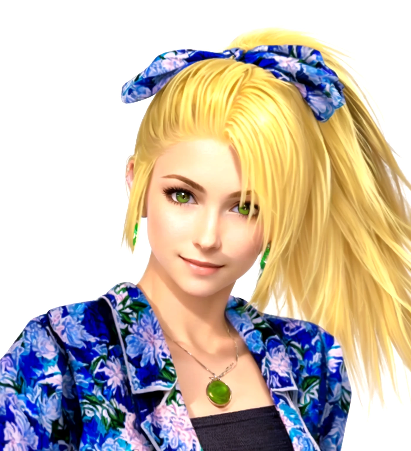 she's European, blonde hair, olive green eyes, (eyes turned to look at the camera), swedish, as a character in Out Run 2, of SEGA, 3D CG from the 2000s, Clarissa, 2k, 2 k, ((curious, happy face)), realistic, render of april, fighting game character, nina from tekken, bright clean face, from devil may cry, hawaiian shirt, no bra, foulard tied on her head, hands on her hips, wide open curious eyes, carefree pose, she wears no bra, shirt knotted to reveal belly