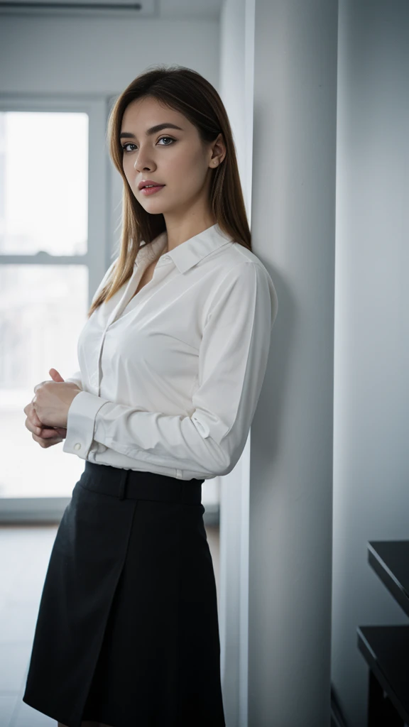 a Russian woman with beautiful Delicate eyes, Beautiful and delicate lips, Extremely detailed face and skin, Pale skin, 23 years old, wearing a suit, black hip skirt, high heels, medium long shot, standing in the office, long legs, full body portrait. Beautiful photography,Long eyelashes, Good anatomy , Practical skin texture, Delicate eyes, professional, 4K, Wide-angle lens, Optical Depth of Field, Kodak Vnision Color, Perfectly proportioned body, Extremely detailed, ultra-photoPractical, Practical, Post-Processing, Maximum details, Roughness, real life, ultra -Practical, Photorealism, photography, 8K Ultra HD, photography