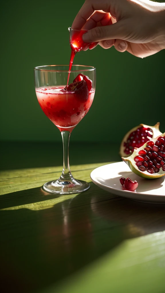 Artistic atmosphere,Art Photography,elegant,A glass of pomegranate juice on the table,Very tempting,Green Leaf,HD Photography,The background is a wall,Solid color background,Clean background,Background blur,Artistic sense,Depth of Field,Ultra-clear,Close Range,Dim light。
