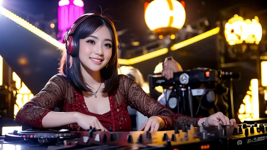 (ultra - detailed, 16K resolution, Cinema lenses, rendering by octane), (high resolution:1.18), intricate detail, (masterpiece:1.1), (highest quality:1.1), (1girl, portrait, white hair, blue eyes, long hair, detailed eyes),Wearing red DJ headphones,  a beautiful woman with a slender figure, (dark brown layered hairstyle), wearing a pendant, ((kebaya_bali)), modern plain hot deep neck top and dupatta, shy, medium portrait, watery eyes, wearing red kebaya, well-proportioned body,, chubby massive thighs, Hena art on the body, hena art on arms , Smile while DJing on stage, The spotlight shines on the female DJ. Photorealistic photography by Disco Lighting, (cute round face:1.3),perfect fingers, five fingers, beautiful hands, perfect hands. master peace, cute smile.