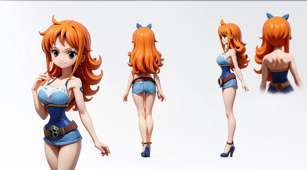 ((Best Quality)), ((Masterpiece)), (((detailed character sheet, frontal view, side view, three quarter view))) white background、one piece、whole body、whole bodyイラスト、whole bodyアニメーション、whole bodyリファレンスシート、denim、Tank top、High heels、Swimwear、bikini、original、New World、Long Hair、Orange Hair、Tattoo on left arm、Ring belt、Heighten your head、smile、Cute face、Narrow waist、Long legs、Beautiful feet、9 heads body、beautiful lady