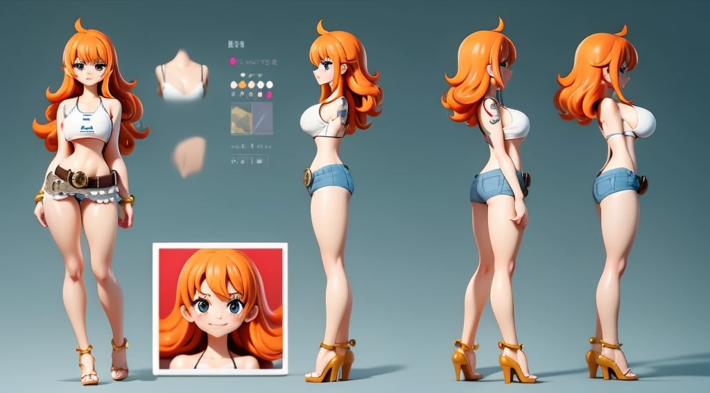 ((Best Quality)), ((Masterpiece)), (((detailed character sheet, frontal view, side view, three quarter view))) white background、one piece、whole body、whole bodyイラスト、whole bodyアニメーション、whole bodyリファレンスシート、denim、Tank top、High heels、Swimwear、bikini、original、New World、Long Hair、Orange Hair、Tattoo on left arm、Ring belt、Heighten your head、smile、Cute face、Narrow waist、Long legs、Beautiful feet、9 heads body、beautiful lady