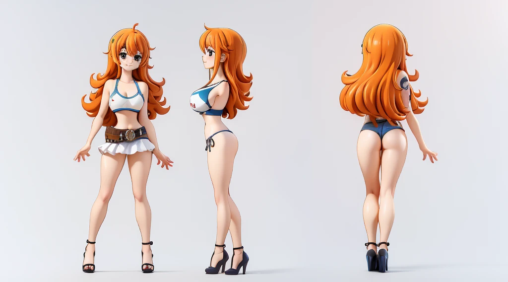 ((Best Quality)), ((Masterpiece)), (((detailed character sheet, frontal view, side view, three quarter view))) white background、one piece、whole body、whole bodyイラスト、whole bodyアニメーション、whole bodyリファレンスシート、denim、Tank top、High heels、Swimwear、bikini、original、New World、Long Hair、Orange Hair、Tattoo on left arm、Ring belt、Heighten your head、smile、Cute face、Narrow waist、Long legs、Beautiful feet、9 heads body、beautiful lady