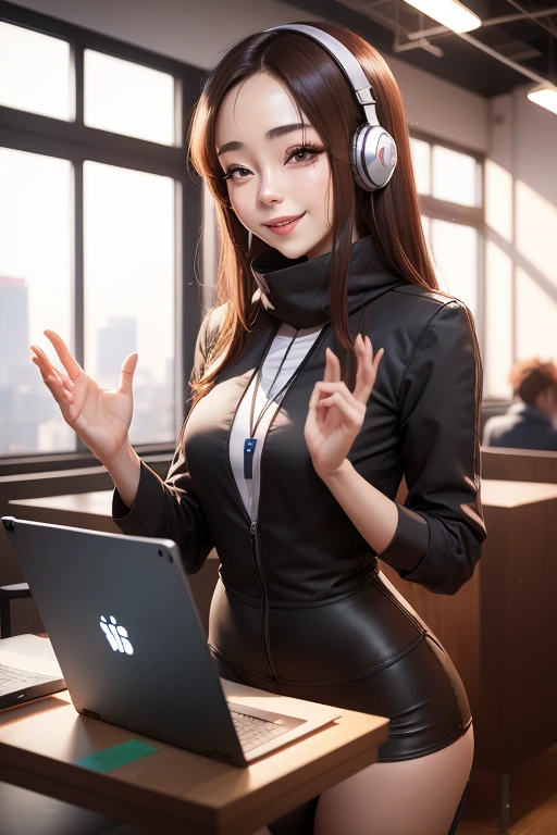 In a coworking space、Freelance designer working on a tablet。 surreal woman,Real life anime girls,Beautiful girls　I'm wearing headphones　Smiling and waving