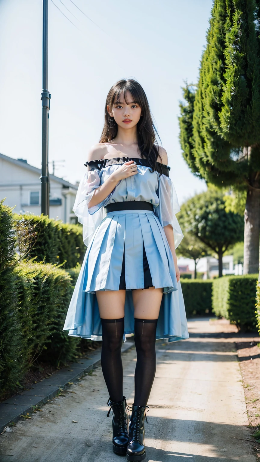 (8K、RAW Photos、Highest quality、masterpiece:1.2)、(Highest quality、Realistic)、1 Girl、((Frills、See-through、Off the shoulder、tights、Light blue and black mini skirt、Thin legs、whole body、boots、garden、View from the front、Looking into the camera、Idol Costume、、Stand with hands on hips))、cute