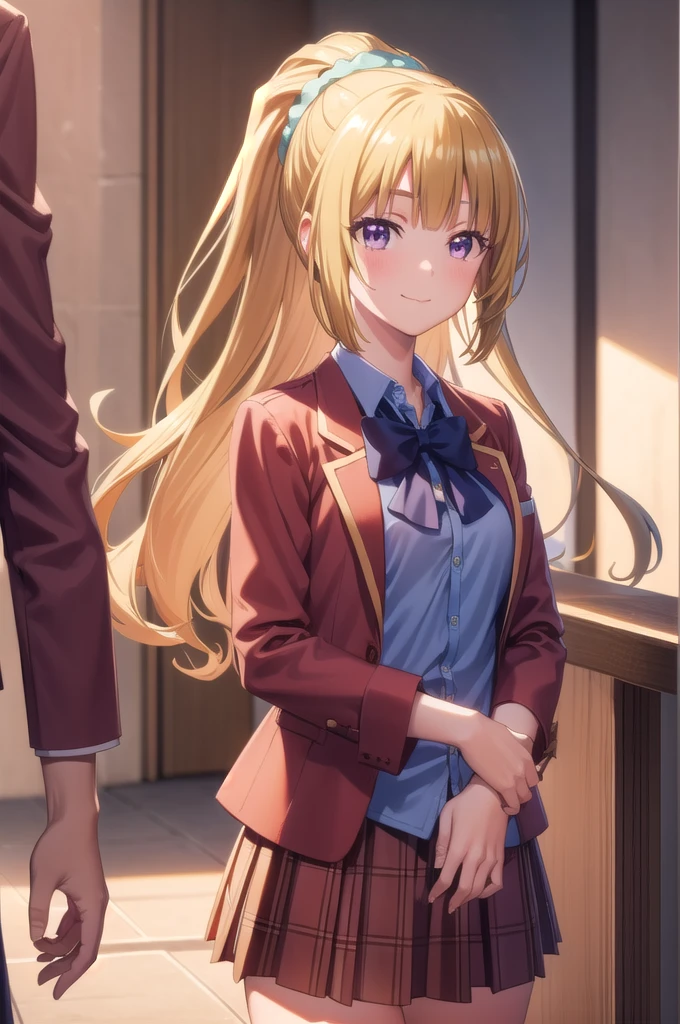 keikaruizawa, kei karuizawa, Long Hair, bangs, blunt bangs, (Purple eyes:1.1), Blonde, shirt, hair ornaments, ponytail, Scrunchie, blue Scrunchie, smile, break skirt, shirt, bow, , Jacket, (red Jacket:1.2), Pleated skirt, bowtie, sweater, (blue bow:1.2), (blue shirt:1.2), break indoors, classroom, break looking at viewer, (Cowboy Shot:1.5), break (masterpiece:1.2), Highest quality, High resolution, unity 8k wallpaper, (figure:0.8), (Beautiful attention to detail:1.6), Highly detailed face, Perfect lighting, Highly detailed CG, (Perfect hands, Perfect Anatomy), , (3D Face:1.1), (Shiny skin:1.5), (超High resolution intricate face details), (Facial skin pores:1.3), 超High resolution cloth texture