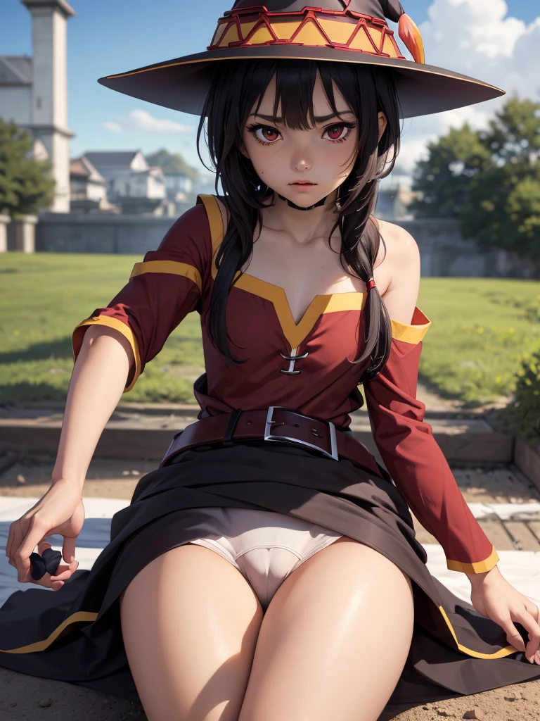 (masterpiece, Highest quality), One girl, Megumin(A blessing to this wonderful world), One girl, alone, Red Eyes, Long Hair, Black Hair, Witch Hat, Red Long T-shirt, Magic Runs Out, Weakness, (Prone:1.8), Turn your back on the viewer, Heterochromia iridis, Spread your legs