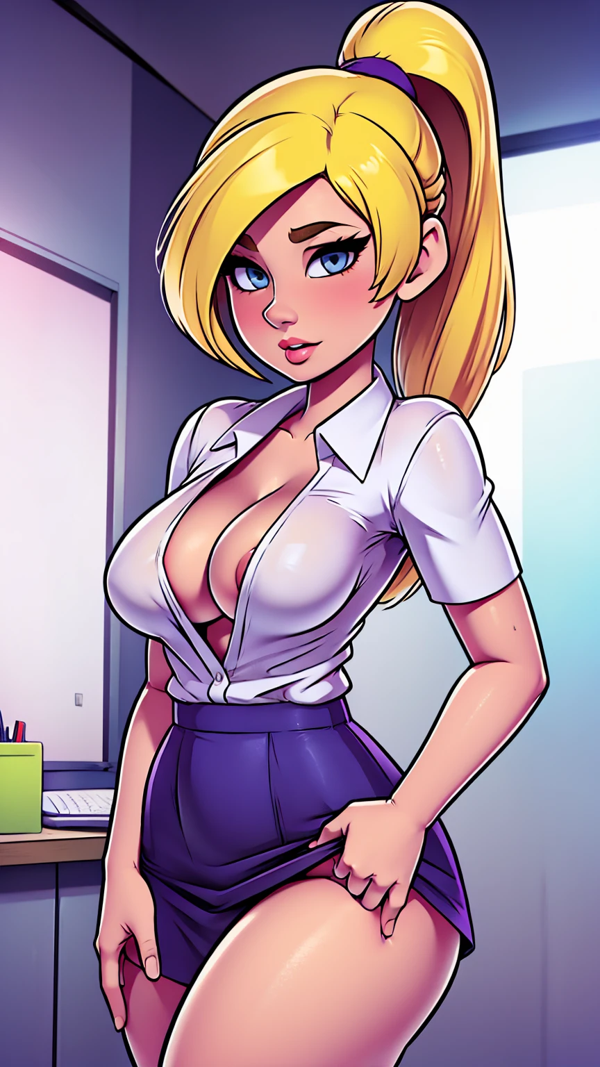 A sexy sensual woman beautiful beautiful attraction big breast long blonde yellow hair her gray eye wears a white button-down office shirt and a short purple skirt