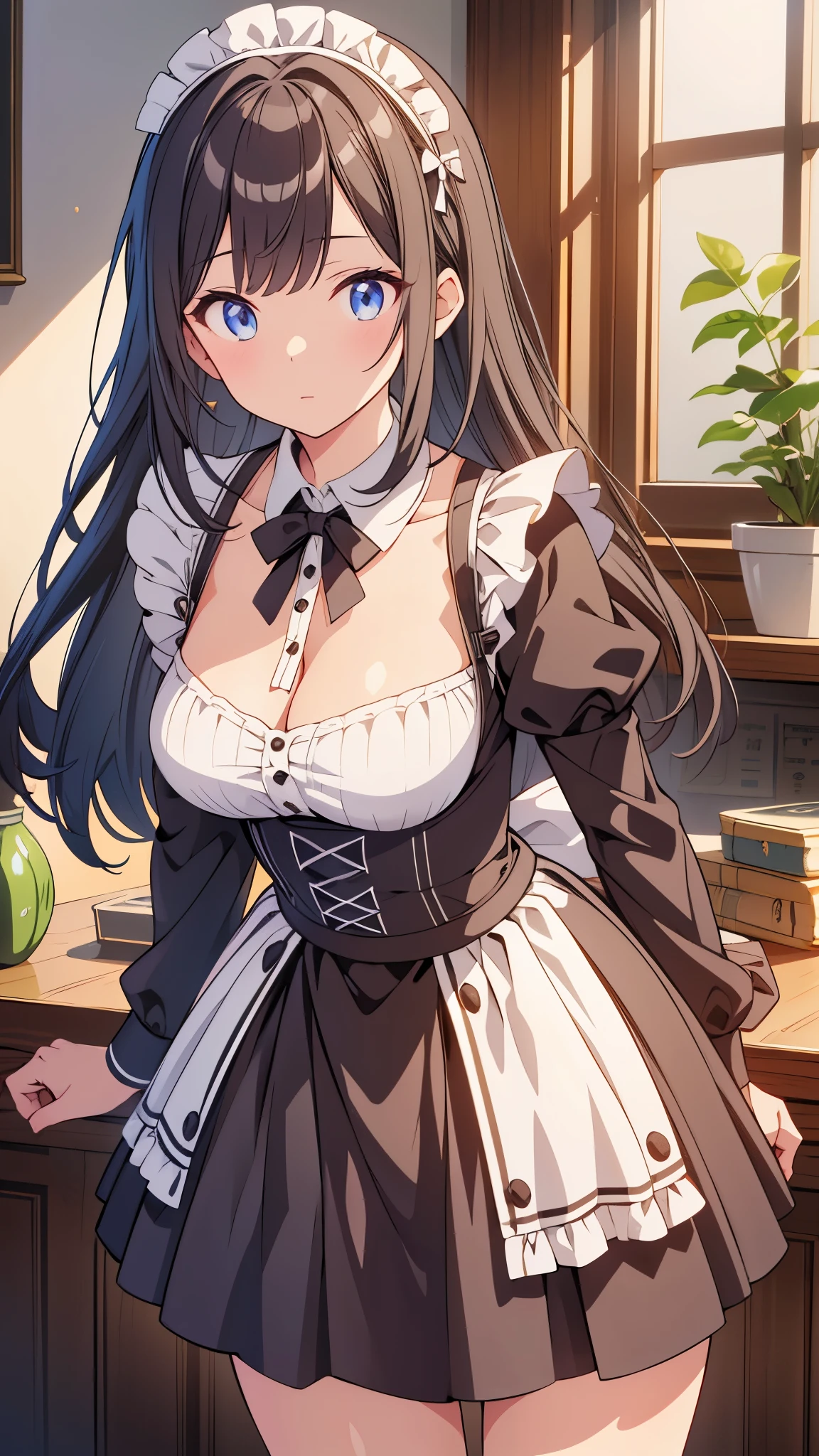 Maid clothesを着た女性が写真のポーズをとっている 傑作, Highest quality, Super detailed, Sparkling, Shining Light, Ray Tracing, High resolution, Depth of written boundary, (Perfect Face, Detailed face), Inglis, Large Breasts, Long Hair, Maid clothes, Maid Headless, Harness, Long sleeve, Skirt flip, String, Are standing