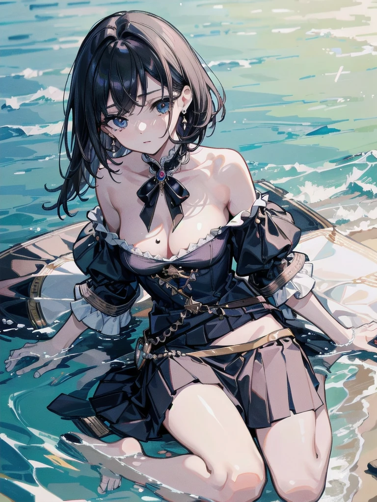 absurdres, RAW photo, extremely delicate and beautiful, masterpiece, Best Quality, ultra high resolution, 32k, hyperrealistic, ultra-detailed, delicate facial features, beautiful detailed woman, tearful mole, earring, medium , full body shot, medium hair, black hair, Legendary Pirate, blouse, short skirt, off shoulder, Eroded Coastline,