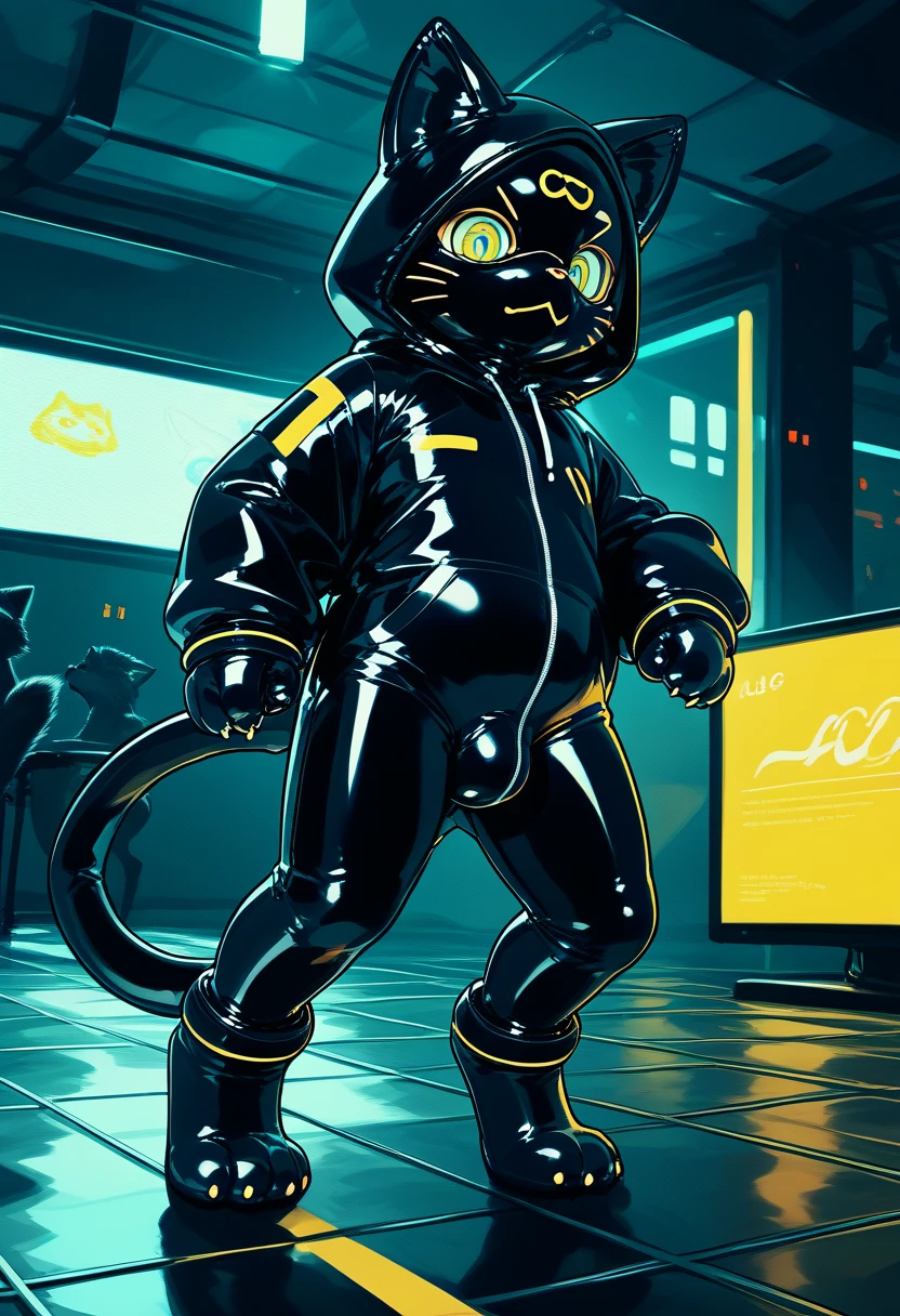 Highest quality, Highest quality, High quality illustrations, masterpiece, Ultra-high resolution, Detailed Background, Games Room, Absurd, Perfect Anatomy, performance, Good lighting, Shadows in the movies(kemono, Furry PersonifiCation), Cat, Dark Skin, Rubber suit, Rubber suit, latex, neon, neonライト, neonカラー, Rubber spats, Rubber Hoodie, Rubber mask, Embarrassing, Null bulge, male, juvenile