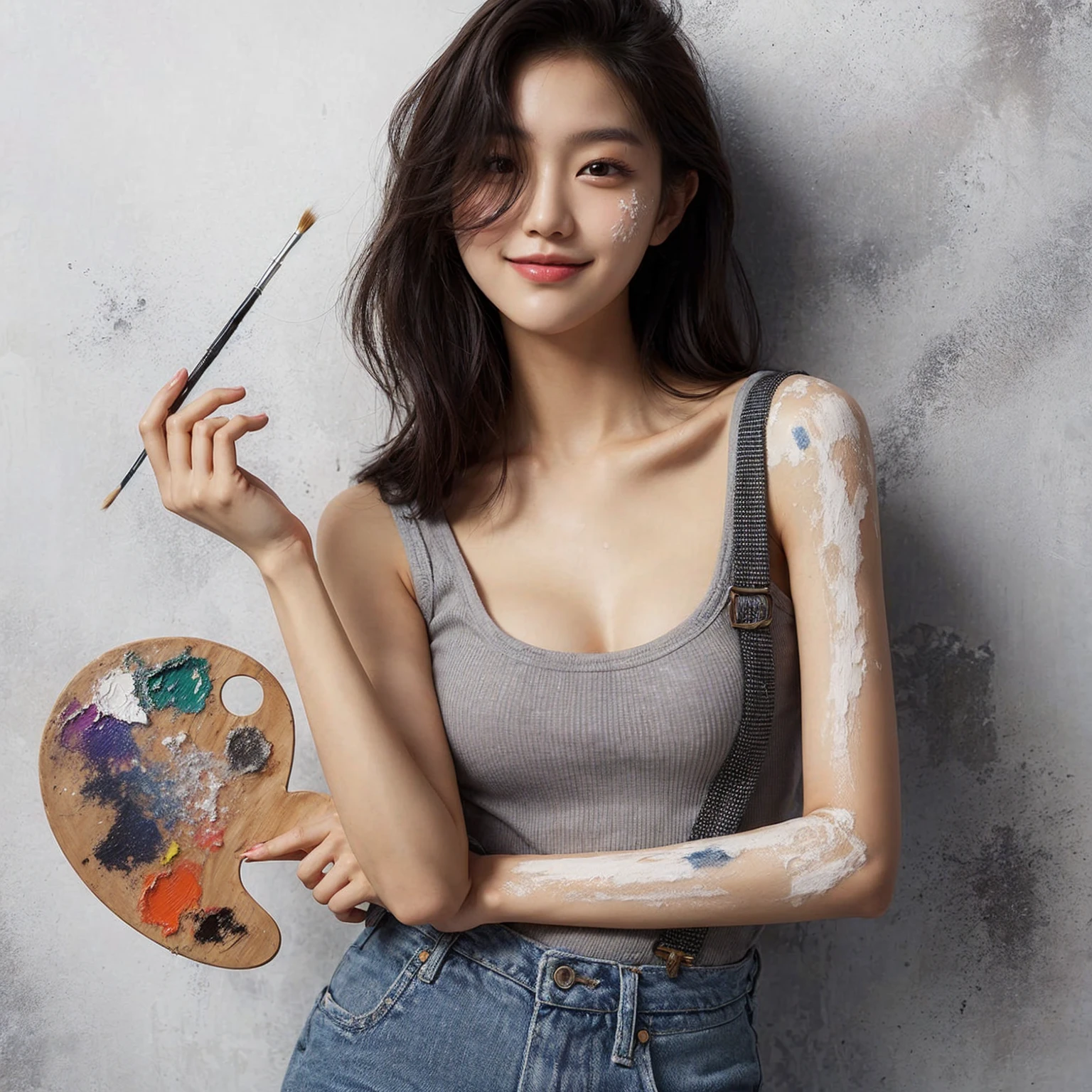 a high-resolution realistic image of a young korean woman in a playful and creative pose. She holds a palette of paint in one hand and a paintbrush in the other. she has paint splatters on her face, neck, and shoulders, giving a artistic vibe. wearing a gray tank top and denim pants. hairstyled in a loose, casual manner. The background is grafity, focusing attention on the subject. The overall atmosphere should be lighthearted and creative, capturing the joy