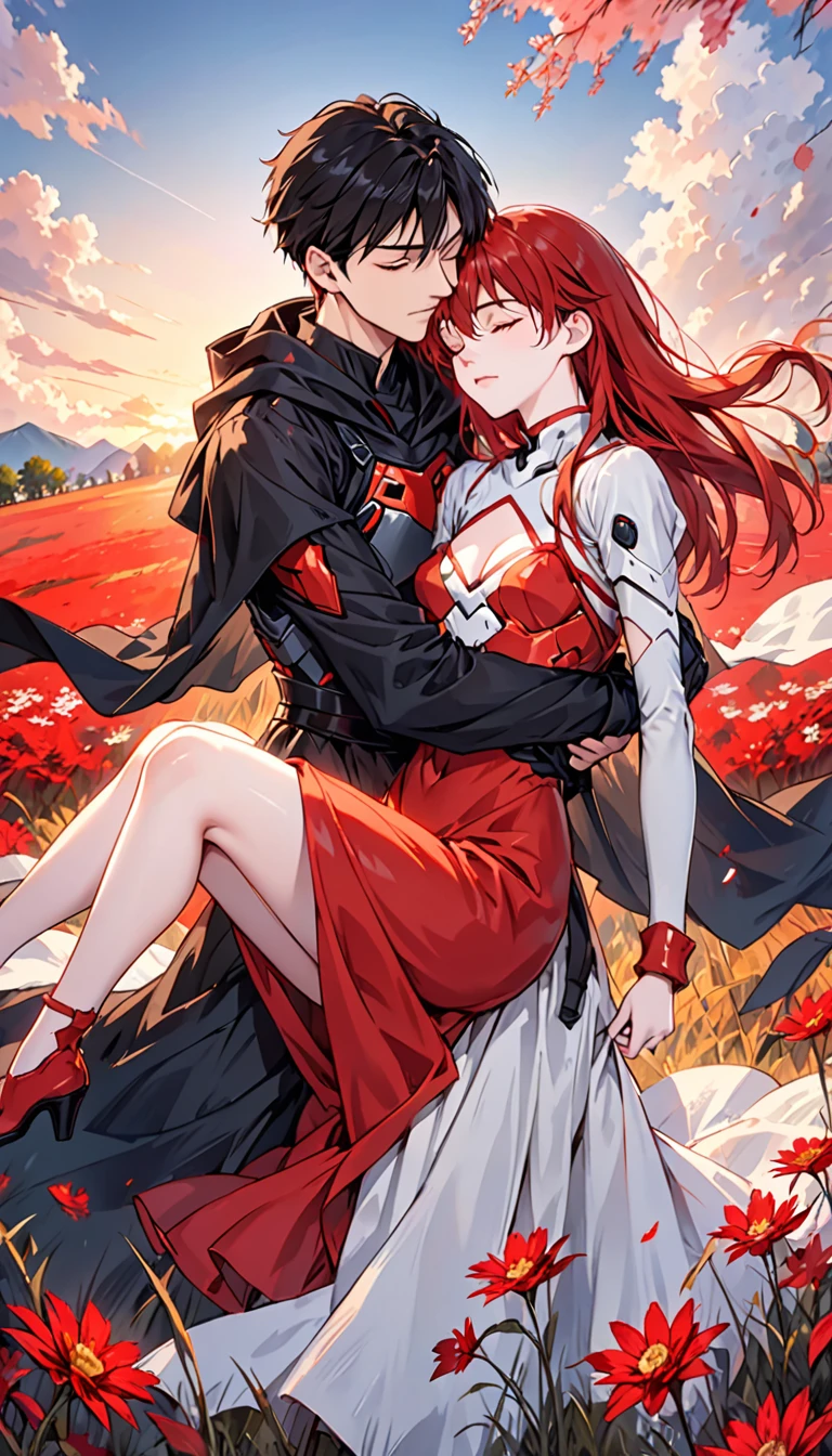 A dramatic fantasy scene at sunset in a crimson grass field. A young, attractive man with short black hair, pale skin, and red-pupiled eyes is carrying an unconscious, beautiful woman in his arms. The man wears a dark medieval armored outfit with a black cape and black hood. The woman wears an imperial-style red dress with golden armor accents, but it is damaged, revealing her slender, sensual figure. She resembles Asuka Langley from Evangelion, but without any futuristic or technological elements - the style should be completely medieval/fantasy. The two characters are facing the viewer, with the man having a determined, confident expression while the woman is completely unconscious and eyes closed. Ensure the anatomy and positions of the two separate characters are natural and realistic, without any fusion or unnatural limb placements.