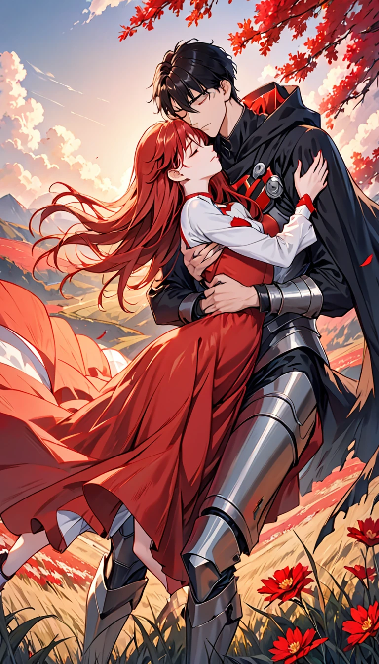 A dramatic fantasy scene at sunset in a crimson grass field. A young, attractive man with short black hair, pale skin, and red-pupiled eyes is carrying an unconscious, beautiful woman in his arms. The man wears a dark medieval armored outfit with a black cape and black hood. The woman wears an imperial-style red dress with golden armor accents, but it is damaged, revealing her slender, sensual figure. She resembles Asuka Langley from Evangelion, but without any futuristic or technological elements - the style should be completely medieval/fantasy. The two characters are facing the viewer, with the man having a determined, confident expression while the woman is completely unconscious and eyes closed. Ensure the anatomy and positions of the two separate characters are natural and realistic, without any fusion or unnatural limb placements.