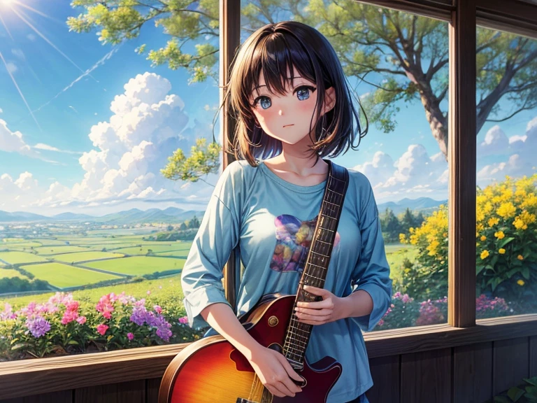 Confident in the morning light々Anime girl standing, Get ready for the day with your guitar. She is wearing her favorite shirt, Lively. The background depicts a tranquil countryside with rolling hills., Blooming Flowers, Clear blue sky. The morning sun casts a warm glow over the landscape, Symbolizes new beginnings and endless possibilities. The girl's face is full of determination and joy., With a pocket full of dreams and a heart full of truth. When the scene shifts to night, The countryside is illuminated by the gentle glow of fireflies and the soft light of the moon.. The girl is strumming chords and singing with all her heart, Surrounded by serene natural beauty. The atmosphere is full of courage and excitement., Vibrant colors and dynamic lighting accentuate her journey.. The overall atmosphere is one of resilience, passion, Pursuing your dreams in a quiet rural environment.Title: Working with Healing Music、Illustration of a female high school student with a ponytail using a laptop by the window in her room。