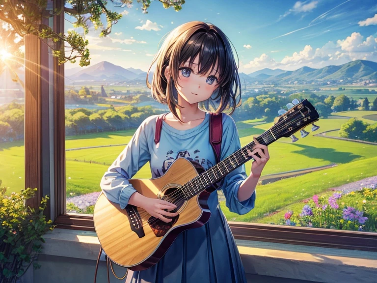 Confident in the morning light々Anime girl standing, Get ready for the day with your guitar. She is wearing her favorite shirt, Lively. The background depicts a tranquil countryside with rolling hills., Blooming Flowers, Clear blue sky. The morning sun casts a warm glow over the landscape, Symbolizes new beginnings and endless possibilities. The girl's face is full of determination and joy., With a pocket full of dreams and a heart full of truth. When the scene shifts to night, The countryside is illuminated by the gentle glow of fireflies and the soft light of the moon.. The girl is strumming chords and singing with all her heart, Surrounded by serene natural beauty. The atmosphere is full of courage and excitement., Vibrant colors and dynamic lighting accentuate her journey.. The overall atmosphere is one of resilience, passion, Pursuing your dreams in a quiet rural environment.Title: Working with Healing Music、Illustration of a female high school student with a ponytail using a laptop by the window in her room。