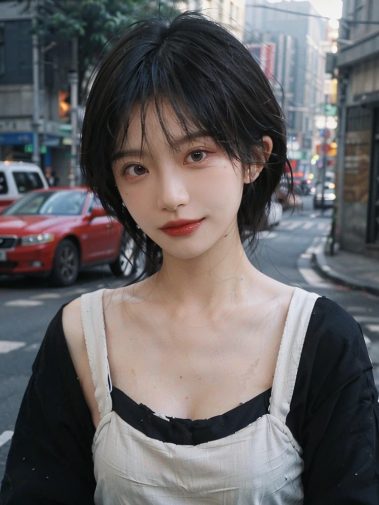 (Skin details:1.4), (smooth skin textures:1.3), (Upper body:1.4),(Upper Body:1.3)Lipstick, background, earrings, serene, calm, Suspenders,(Realistic and detailed eyes:1.2), Natural skin texture, Realistic facial details, Soft dramatic lighting, Vivid details, 35 mm film, outdoor, (Photo Practical:1.4), (hyper Practical:1.4), (Practical:1.3), (Smoother lighting:1.05), (Improve lighting quality:0.9), (Highest quality real skin textures:1.4), Exquisite eyes, Delicate face, Close-up of face, (Enhance the beauty of skin texture:1.1), Hair details,(Large Breasts:1.3)normal body ratio, short hair, Moles under the eyes, A faint smile,Portrait Photography, Depth of Field, Bokeh, Surrealism, Ray Tracing, (Portrait Photography:1.1), Surrealism, High Detail, Chiaroscuro, Ray Tracing, reflected light, Ultra HD, Ultra HD, masterpiece, Textured Skin, Super Detail, High Detail, high quality, best quality