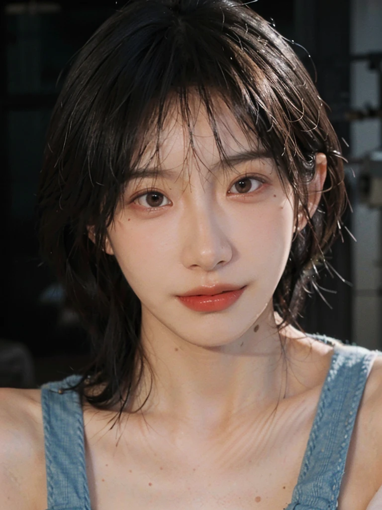 (Skin details:1.4), (smooth skin textures:1.3), (Upper body:1.4),(Upper Body:1.3)Lipstick, background, earrings, serene, calm, Suspenders,(Realistic and detailed eyes:1.2), Natural skin texture, Realistic facial details, Soft dramatic lighting, Vivid details, 35 mm film, outdoor, (Photo Practical:1.4), (hyper Practical:1.4), (Practical:1.3), (Smoother lighting:1.05), (Improve lighting quality:0.9), (Highest quality real skin textures:1.4), Exquisite eyes, Delicate face, Close-up of face, (Enhance the beauty of skin texture:1.1), Hair details,(Large Breasts:1.3)normal body ratio, short hair, Moles under the eyes, A faint smile,Portrait Photography, Depth of Field, Bokeh, Surrealism, Ray Tracing, (Portrait Photography:1.1), Surrealism, High Detail, Chiaroscuro, Ray Tracing, reflected light, Ultra HD, Ultra HD, masterpiece, Textured Skin, Super Detail, High Detail, high quality, best quality