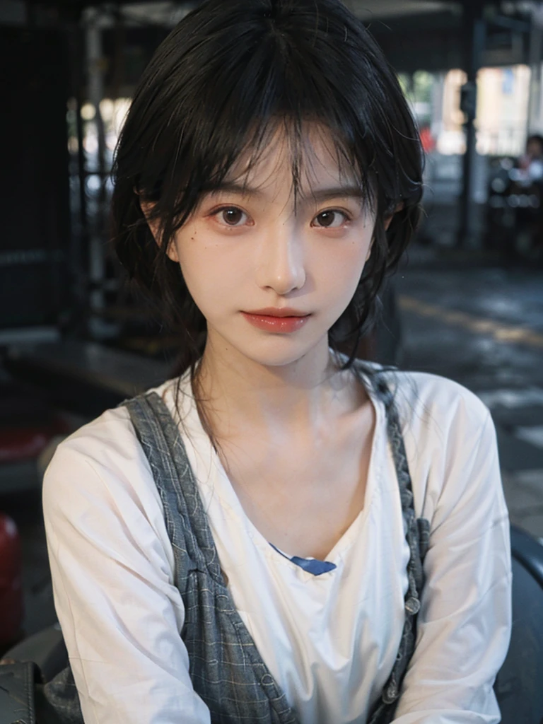 (Skin details:1.4), (smooth skin textures:1.3), (Upper body:1.4),(Upper Body:1.3)Lipstick, background, earrings, serene, calm, Suspenders,(Realistic and detailed eyes:1.2), Natural skin texture, Realistic facial details, Soft dramatic lighting, Vivid details, 35 mm film, outdoor, (Photo Practical:1.4), (hyper Practical:1.4), (Practical:1.3), (Smoother lighting:1.05), (Improve lighting quality:0.9), (Highest quality real skin textures:1.4), Exquisite eyes, Delicate face, Close-up of face, (Enhance the beauty of skin texture:1.1), Hair details,(Large Breasts:1.3)normal body ratio, short hair, Moles under the eyes, A faint smile,Portrait Photography, Depth of Field, Bokeh, Surrealism, Ray Tracing, (Portrait Photography:1.1), Surrealism, High Detail, Chiaroscuro, Ray Tracing, reflected light, Ultra HD, Ultra HD, masterpiece, Textured Skin, Super Detail, High Detail, high quality, best quality