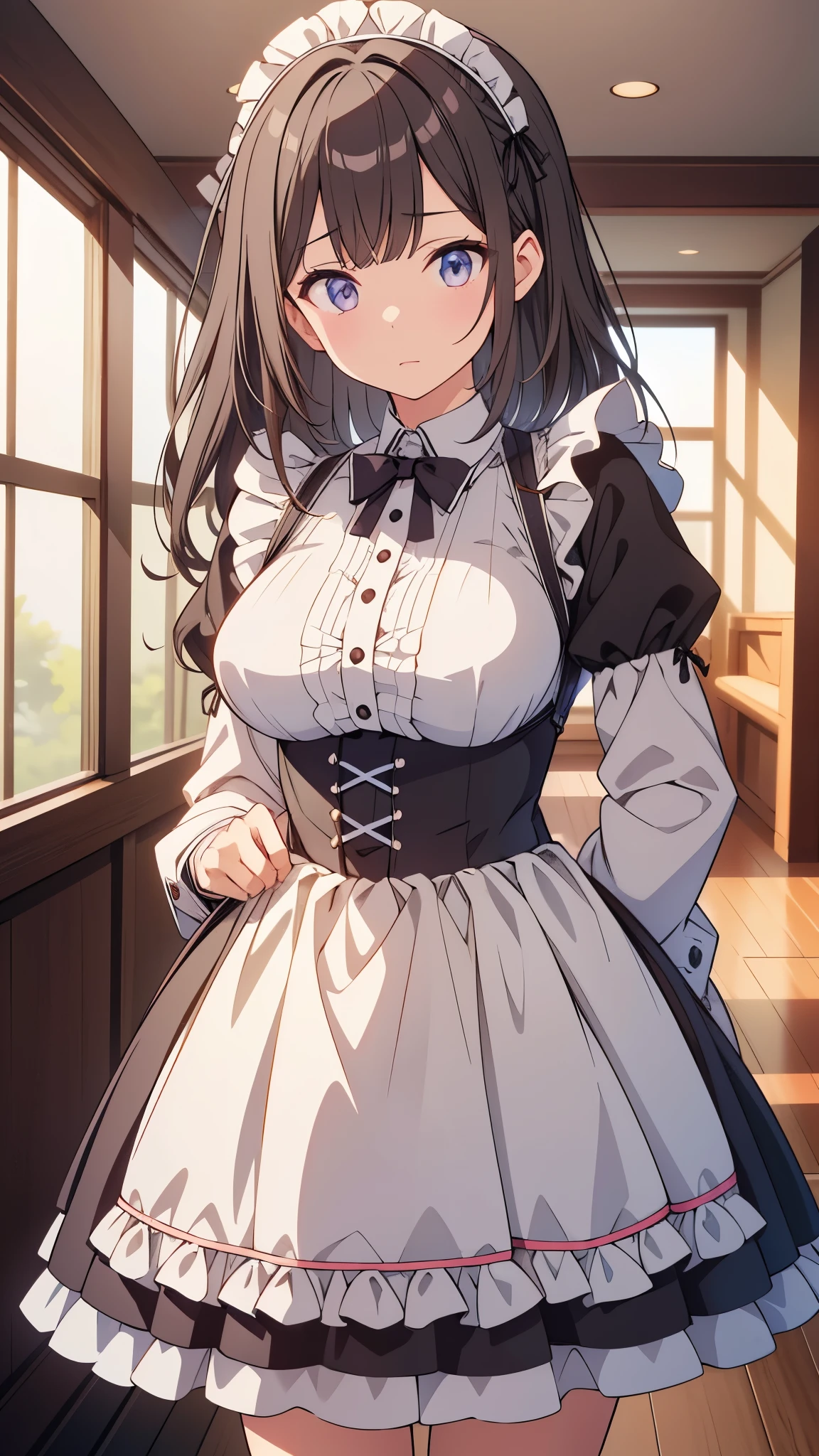 Maid clothesを着た女性が写真のポーズをとっている 傑作, Highest quality, Super detailed, Sparkling, Shining Light, Ray Tracing, High resolution, Depth of written boundary, (Perfect Face, Detailed face), Inglis, Large Breasts, Long Hair, Maid clothes, Maid Headless, Harness, Long sleeve, Skirt flip, String, Are standing
