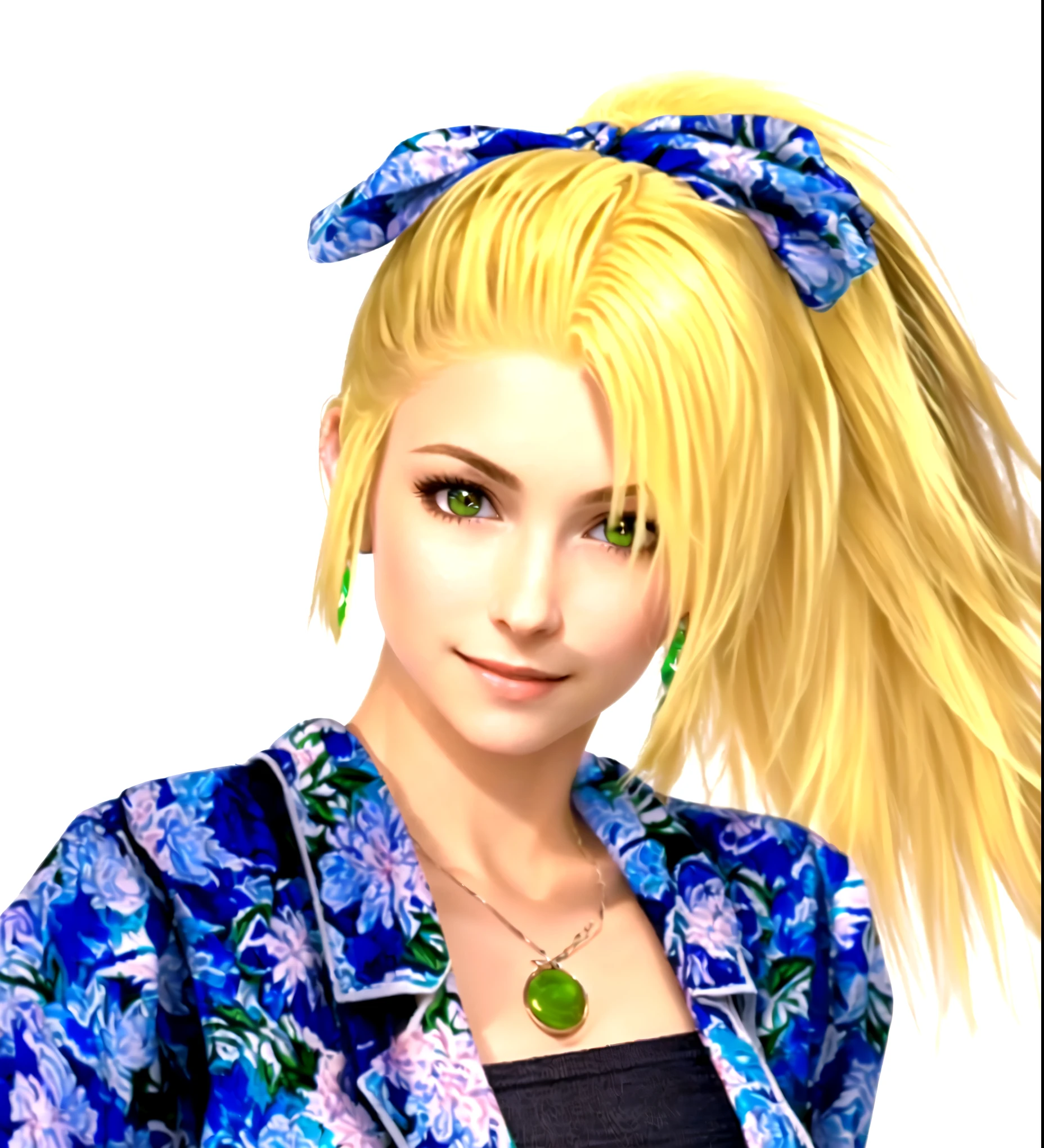 she's European, blonde hair, olive green eyes, (eyes turned to look at the camera), swedish, as a character in Out Run 2, of SEGA, 3D CG from the 2000s, Clarissa, 2k, 2 k, ((curious, happy face)), realistic, render of april, fighting game character, nina from tekken, bright clean face, from devil may cry, hawaiian shirt, no bra, foulard tied on her head, hands on her hips, wide open curious eyes, carefree pose, she wears no bra, shirt knotted to reveal belly