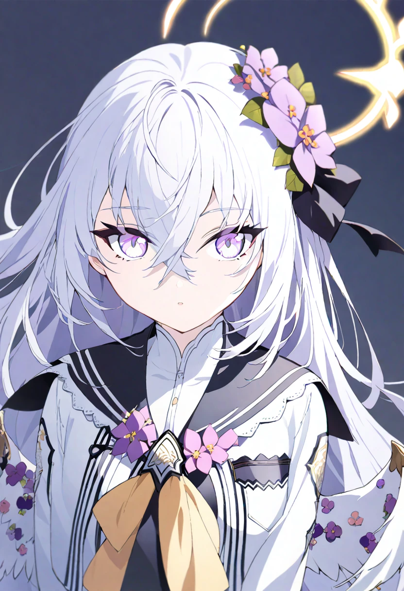 azusa \(blue archive\), 1girl feathered_wings flower hair_between_eyes hair_flower hair_ornament halo head_tilt long_hair long_sleeves looking_at_viewer purple_eyes school_uniform serafuku sidelocks simple_background solo turtleneck white_hair white_wings wings