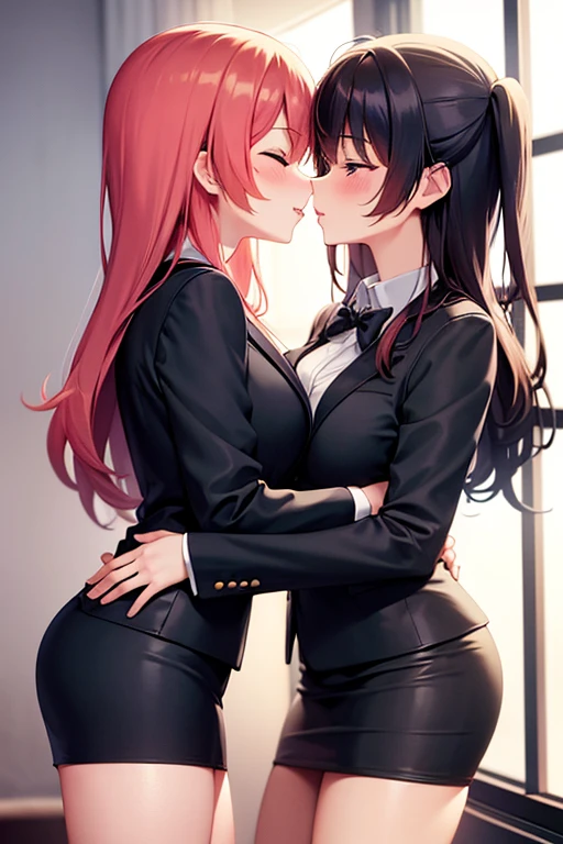 best quality, 2girl, two business women in bedroom kissing, kissing, saliva, eyes closed, blush, business suit, black blazer, black midi pencil skirt, long hair