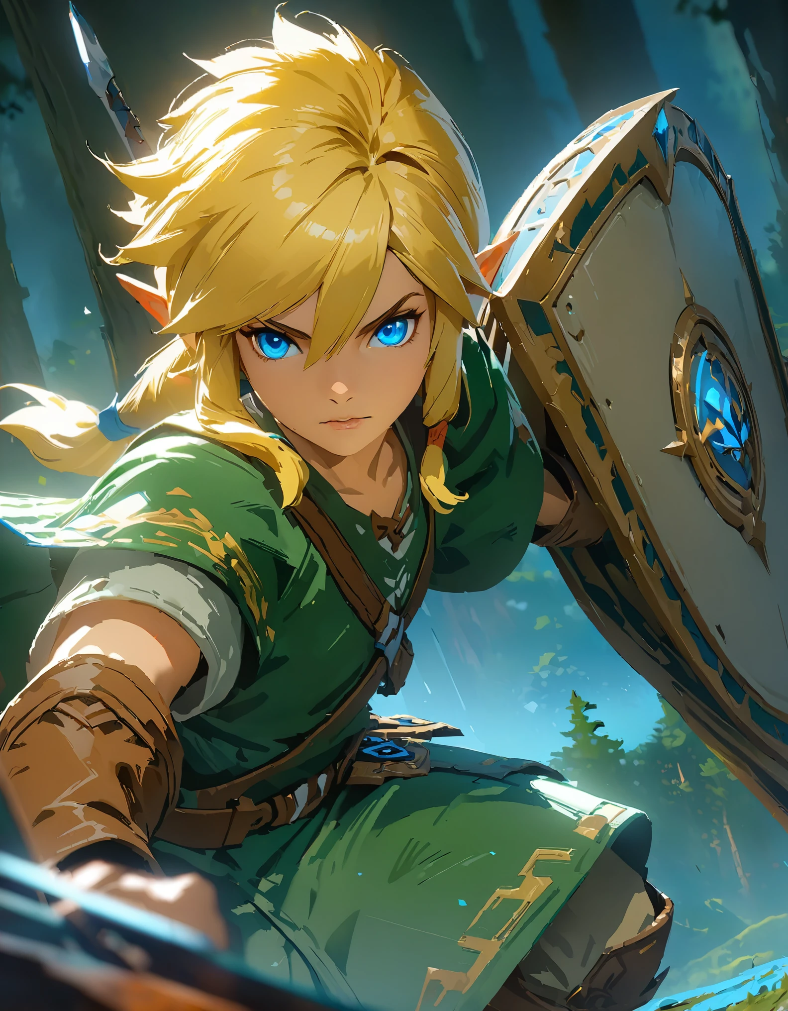 The Legend of Zelda, Link, Long blonde hair and blue eyes, Wearing a green tunic and brown leather boots, With a sword and shield, Forest Trees々を背景にした壮大なFantasyの風景, (Detailed face), Intricate details, Ready your sword, Action Scenes, Face Close Up, Bright colors, Dramatic lighting, Fantasy, Concept Art, Digital Painting, (Highest quality, 8K, High resolution, masterpiece:1.2), Super detailed, (Computer Graphics, Digital Artistic:1.37).